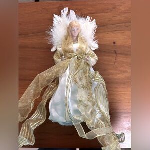 Angel tree topper Gold and Cream porcelain head hands and wings